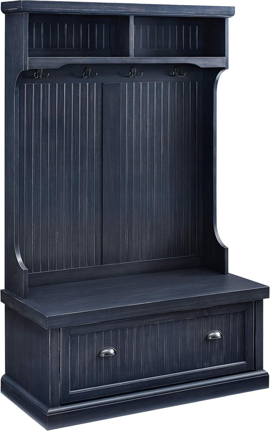 Seaside Hall Tree with Shoe Rack Bench and Coat Hooks for Hanging Storage, Distressed Navy