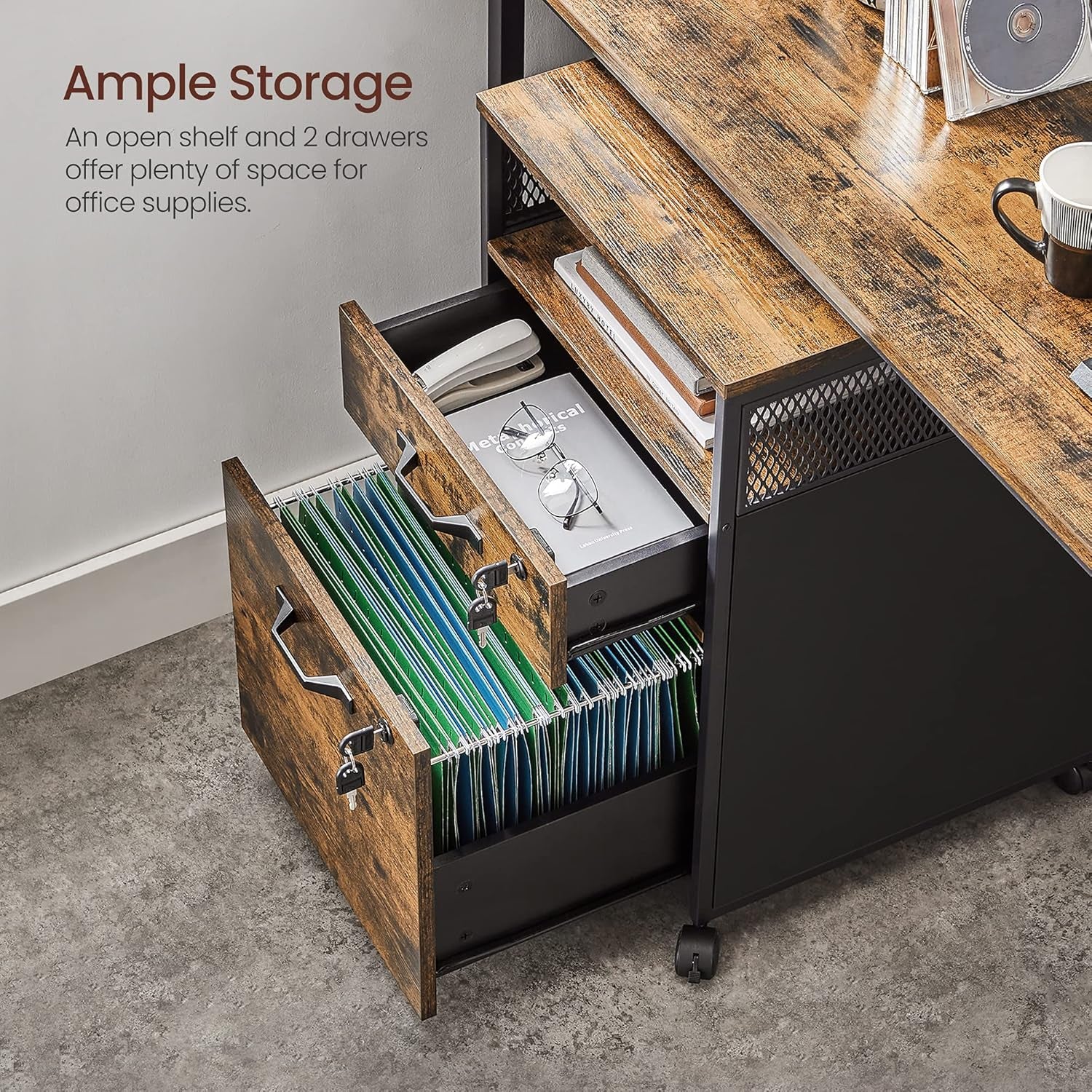File Cabinet, Mobile Filing Cabinet on Wheels, for Home Office, 2 Lockable Drawers, for A4, Letter-Size Hanging File Folders, Open Shelf, Steel Frame, Rustic Brown and Ink Black UOFC077B01