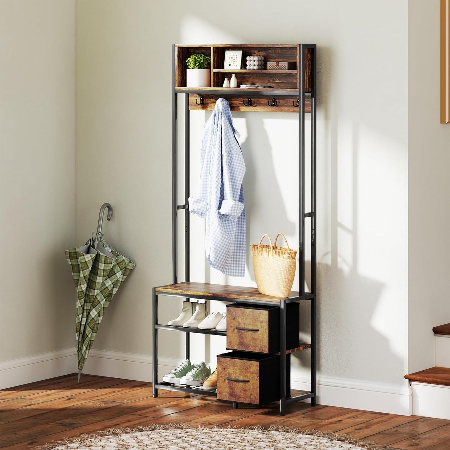 Hall Tree with Bench and Shoe Storage, 5-In-1 Entryway Bench with Coat Rack, 3 Storage Compartments, 5 Coat Hooks, 2 Fabric Drawers, Distressed Dark Brown