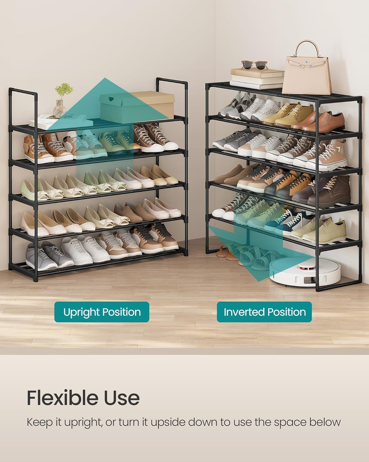 Shoe Rack, 5-Tier Shoe Organizer, Metal Storage Shelf, Upright or Upside Down, for 20-25 Pairs, Stackable, for Entryway, 11.8 X 36.2 X 35.4 Inches, Black ULSA305BH01