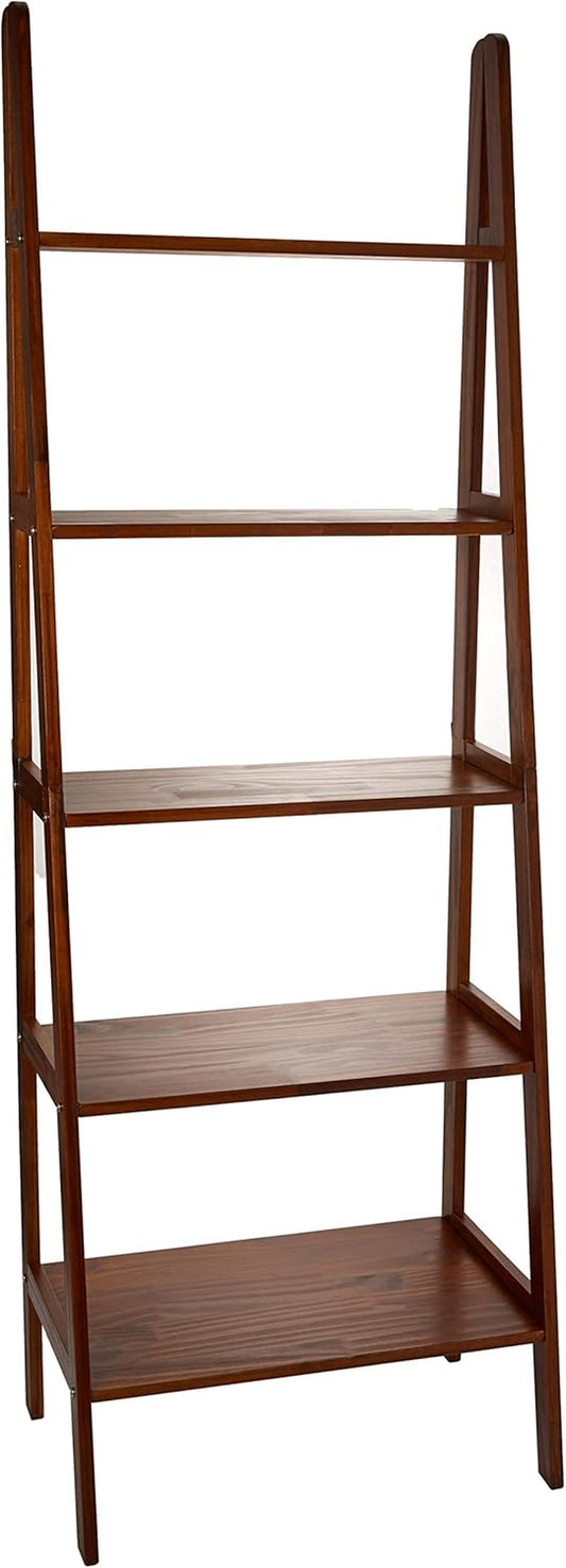 100% Solid Wood 5-Shelf Ladder Bookcase, 24.75"W X 16"D X 72"H, Warm Brown, 5-Tier Freestanding Ladder Shelf