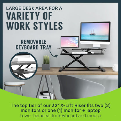 Standing Desk Converter - 32 Inch Adjustable Sit to Stand up Workstation, Particle Board, Dual Monitor Desktop Riser with Keyboard Tray, for Home Office Laptop, Black 32"