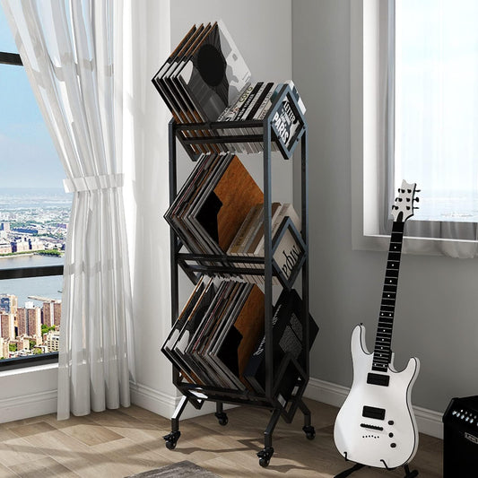 3 Tier Vinyl Record Storage Rack, Mobile Black Metal LP Storage Display Stand with Casters, Large Capacity Record Holder for Albums, Books, Magazines, and Office Files