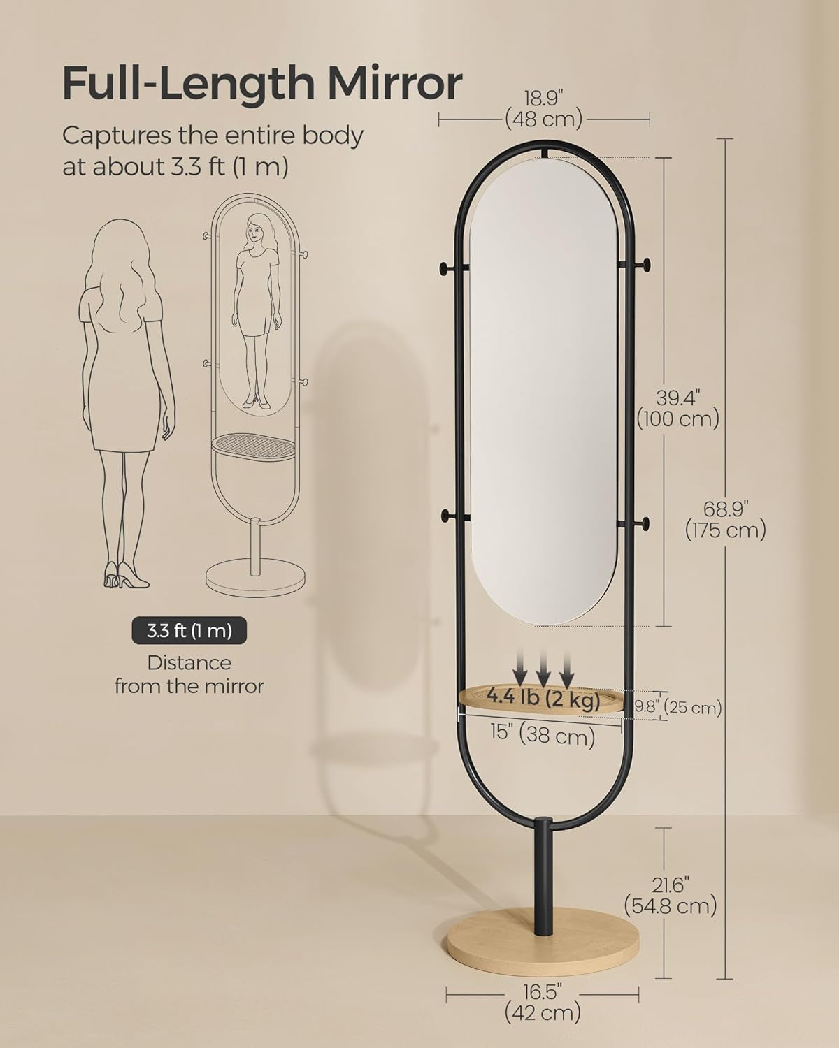 Full-Length Floor Mirror, 3-In-1, Modern Standing Full Body Mirror, Inspired by Original Award-Winning Design, 16.5 X 18.9 X 68.9 Inches, Living Room, Bedroom, Oak Beige and Ink Black
