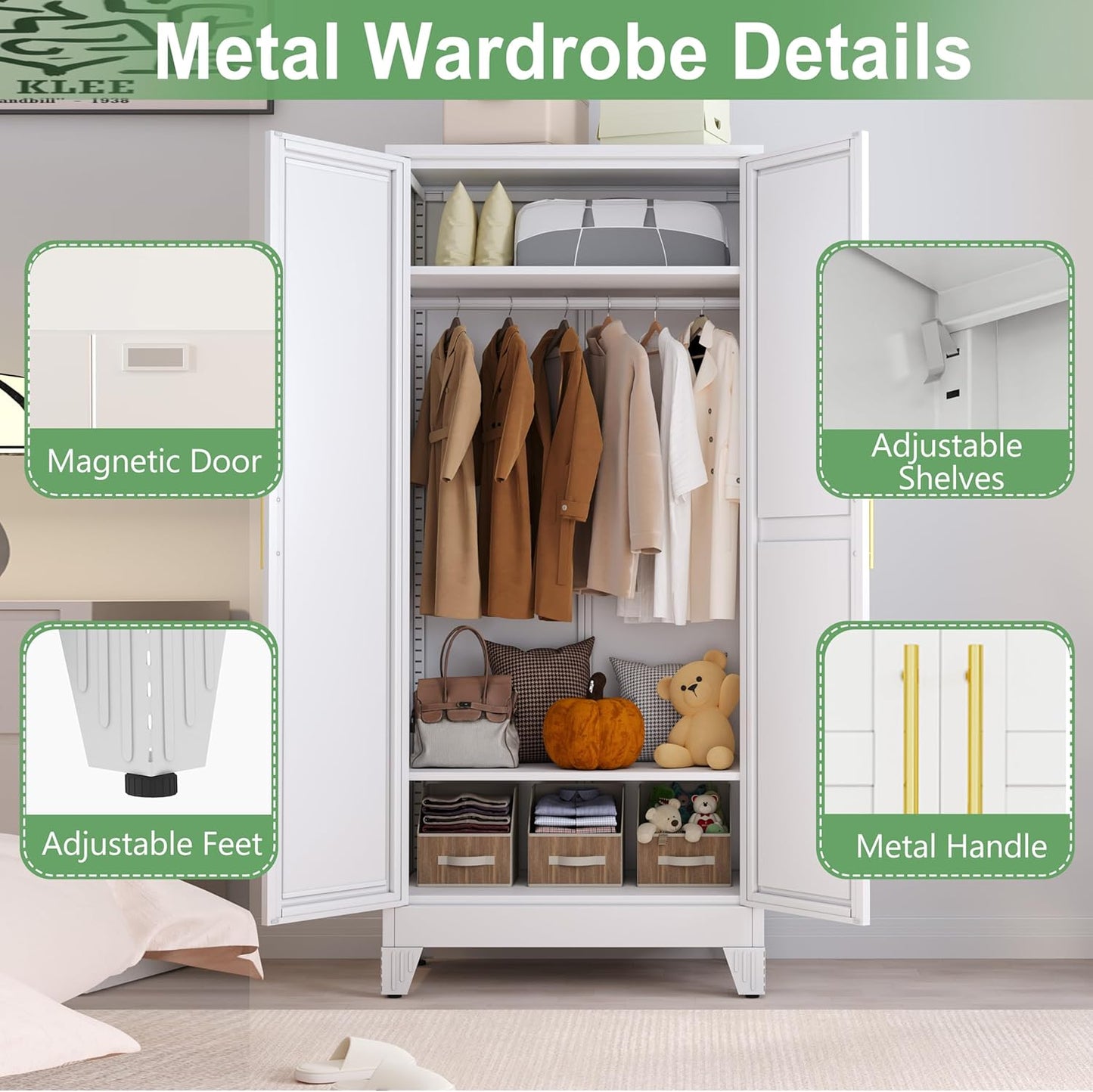 71" H Metal Armoire Wardrobe Closet with Mirror, Adjustable Shelve, Clothes Drying Pole, Steel Wardrobe Cabinet for Bedroom (White)