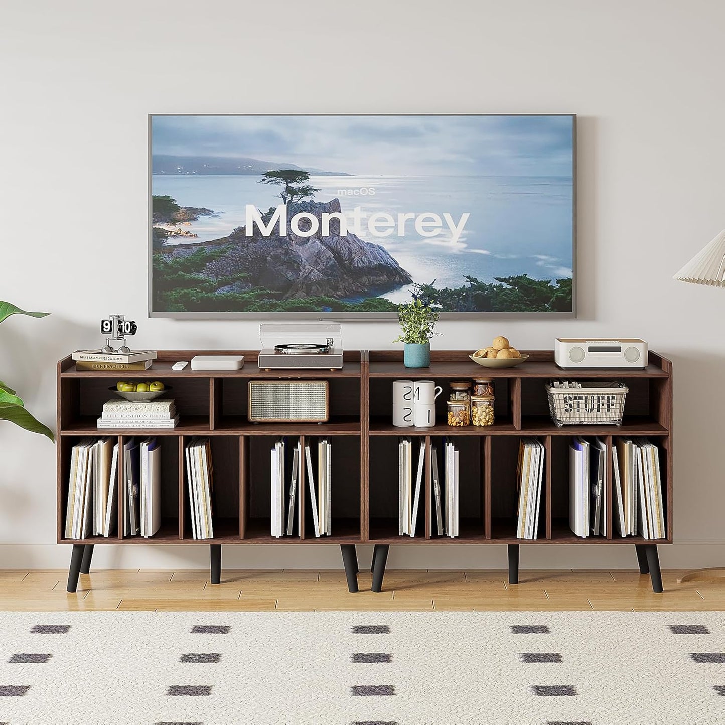 Record Player Stand, Turntable Stand with Vinyl Storage, Record Player Cabinet up to 350 Albums, Cube Storage Organizer for Living Room, Walnut