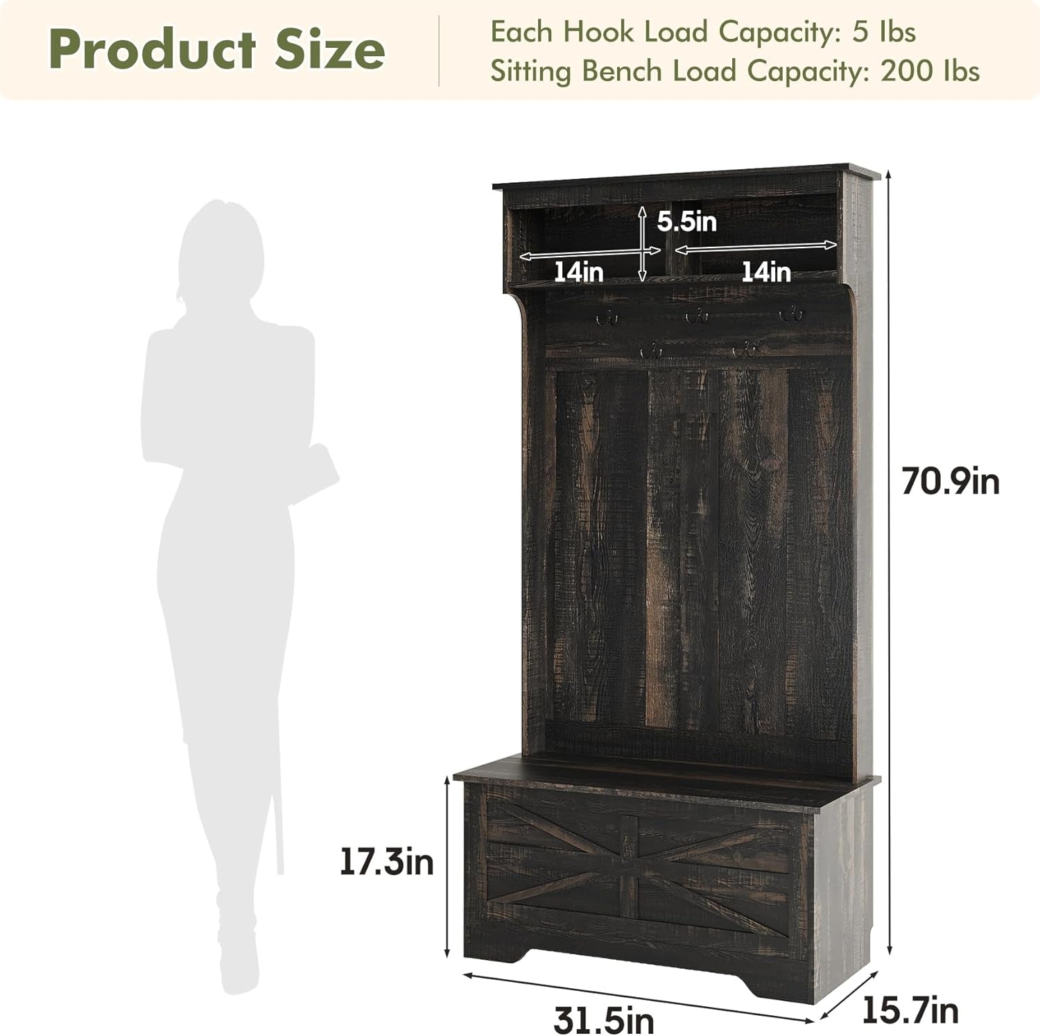 4-In-1 Hall Tree with Storage Bench, 71" Entryway Bench with Coat Rack & Storage Cabinet, Mud Room Organization with Seating, 5 Hooks, Retro Accent Coat Tree for Living Room, Rustic Dark Brown