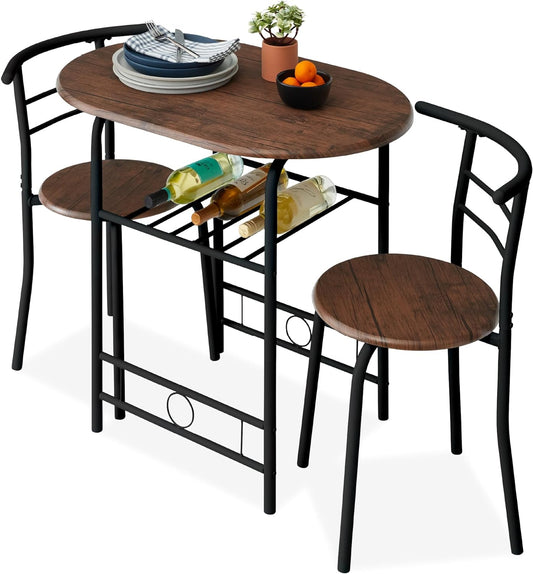 3-Piece Wooden round Table & Chair Set for Kitchen, Dining Room, Compact Space W/Steel Frame, Built-In Wine Rack - Black/Brown