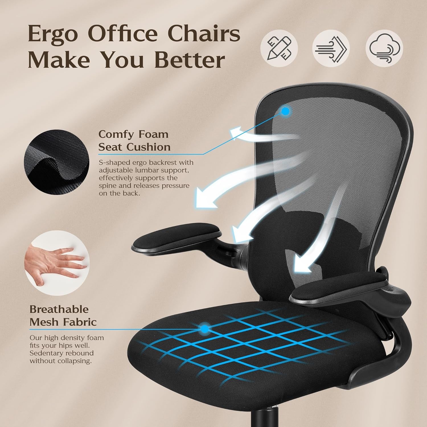 Office Desk Chairs, Ergonomic PC Desk Chair with Wheels, Adjustable Lumbar Support and Height, Swivel Computer Chair with Flip-Up Armrests, Ergo Mesh Backrest for Working (Black)