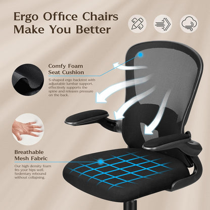 Office Desk Chairs, Ergonomic PC Desk Chair with Wheels, Adjustable Lumbar Support and Height, Swivel Computer Chair with Flip-Up Armrests, Ergo Mesh Backrest for Working (Black)