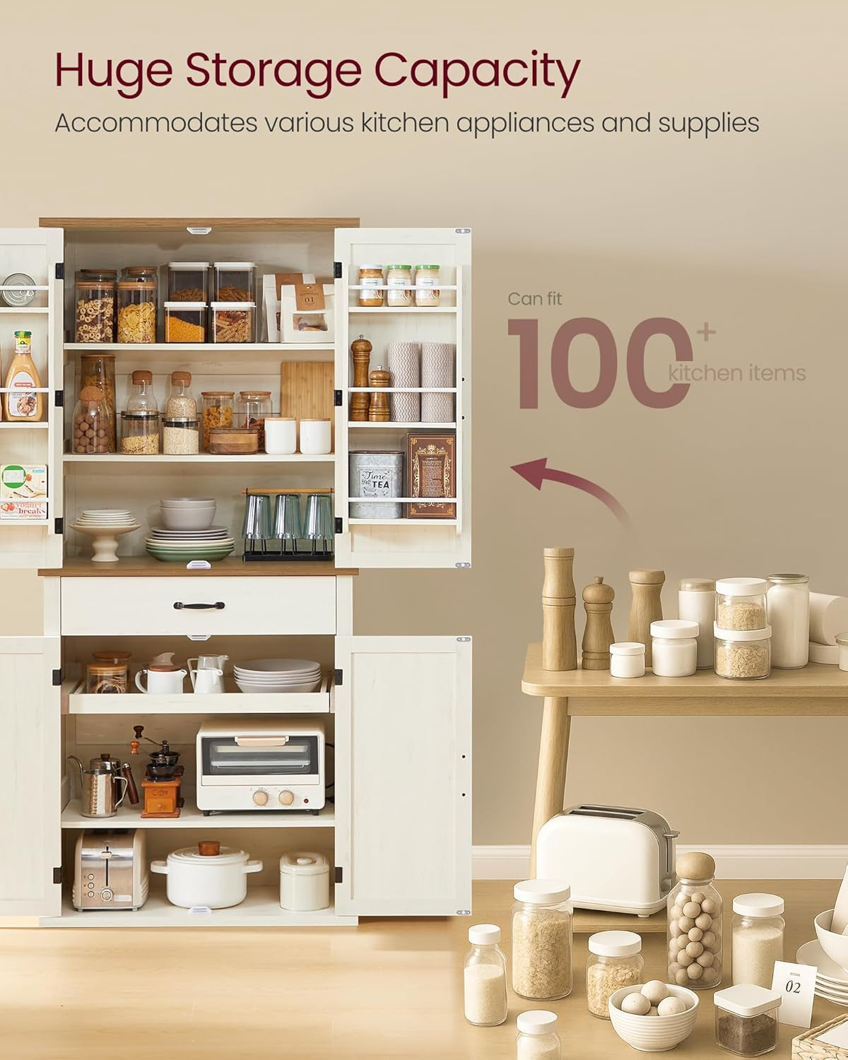 LIRY Collection - Pantry Cabinet, 70.3-Inch Tall Farmhouse Kitchen Storage Cabinet with Barn Doors, Drawer, Tray, Adjustable Shelves, for Kitchen, Dining Room, Rustic White UBBK364W01