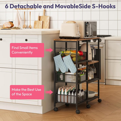 Kitchen Island Cart on Wheels - 4 Tier Rolling Kitchen Table Cart with Storage Shelves, 6 Removable Hooks& Locking Casters, Coffee Bar Cabinet for Dining Room Pantry Office, Espresso