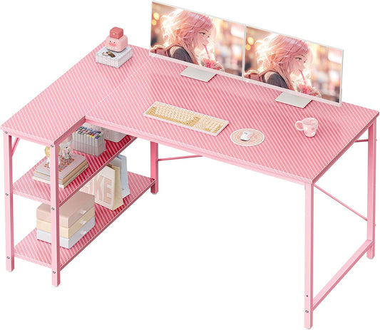 L Shaped Desk, 47 Inches Computer Desk with Reversible Storage Shelves, Gaming Desk, Corner Desk Home Office Desks, Writing Study Desk with Metal Frame, Pink