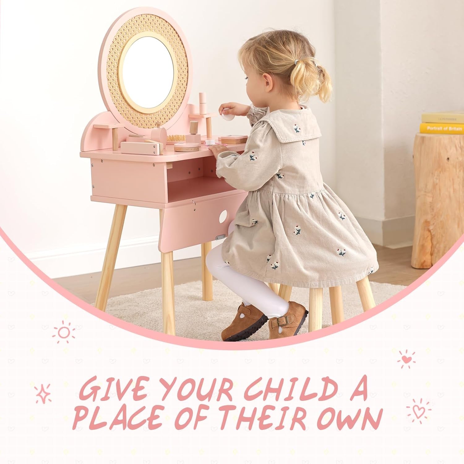 Kids Vanity Table and Chair Set, Pink Girls Vanity with 11 Pcs Accessories, Enough for Real and Pretend Makeup, Toddler Vanity for 3 Year Old and up as Ideal Gift