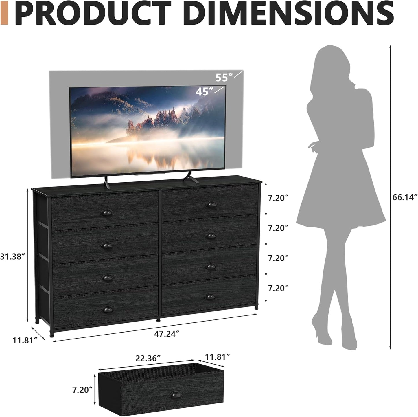 Wide Dresser with 8 Fabric Drawers, TV Entertainment Center with Storage for 55'' TV, Large Chest of Drawers for Bedroom, Living Room, Dorm, Closet, Entryway, Wood Top (Black Oak)