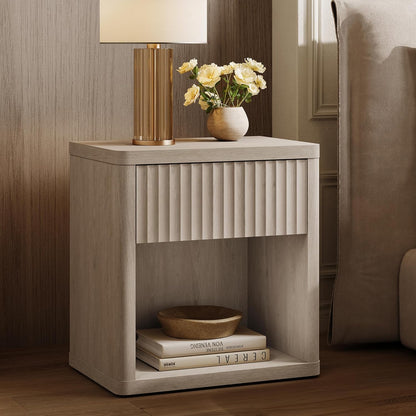 Night Stand Set of 2 Nightstands with Drawer Storage Fluted Bed Side Table End Table Large Modern Wide Bedside Stand Mid Century Night Stands for Bedroom Living Room Sofa Office, White Alder
