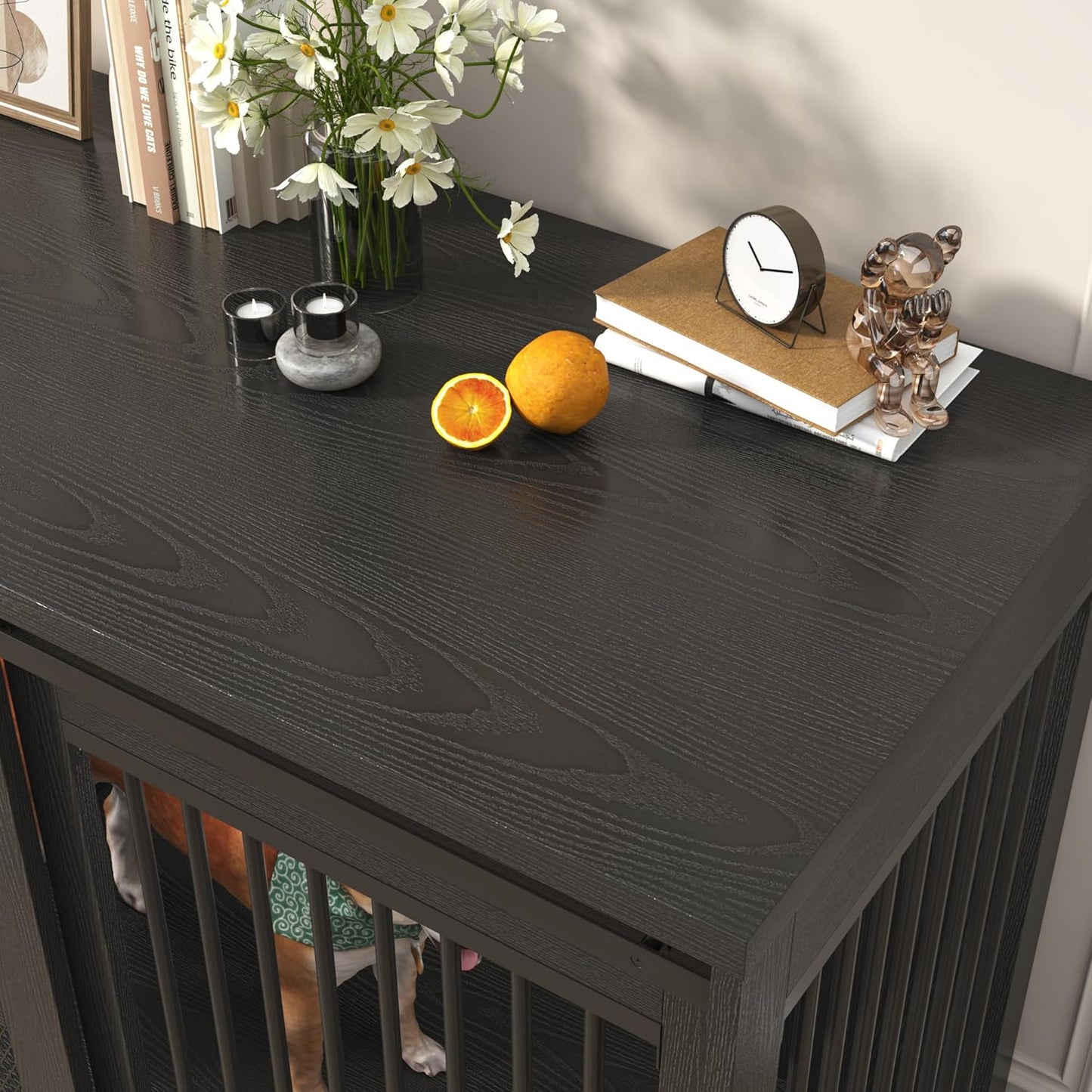 87In Farmhouse Dog Crate TV Stand, Wooden Dog Kennel Furniture with Sliding Metal Mesh Barn Door, Large Dog Crate Furniture for 2 Dogs, Solid Metal Tube & 2 Lockable Doors, White & Brown