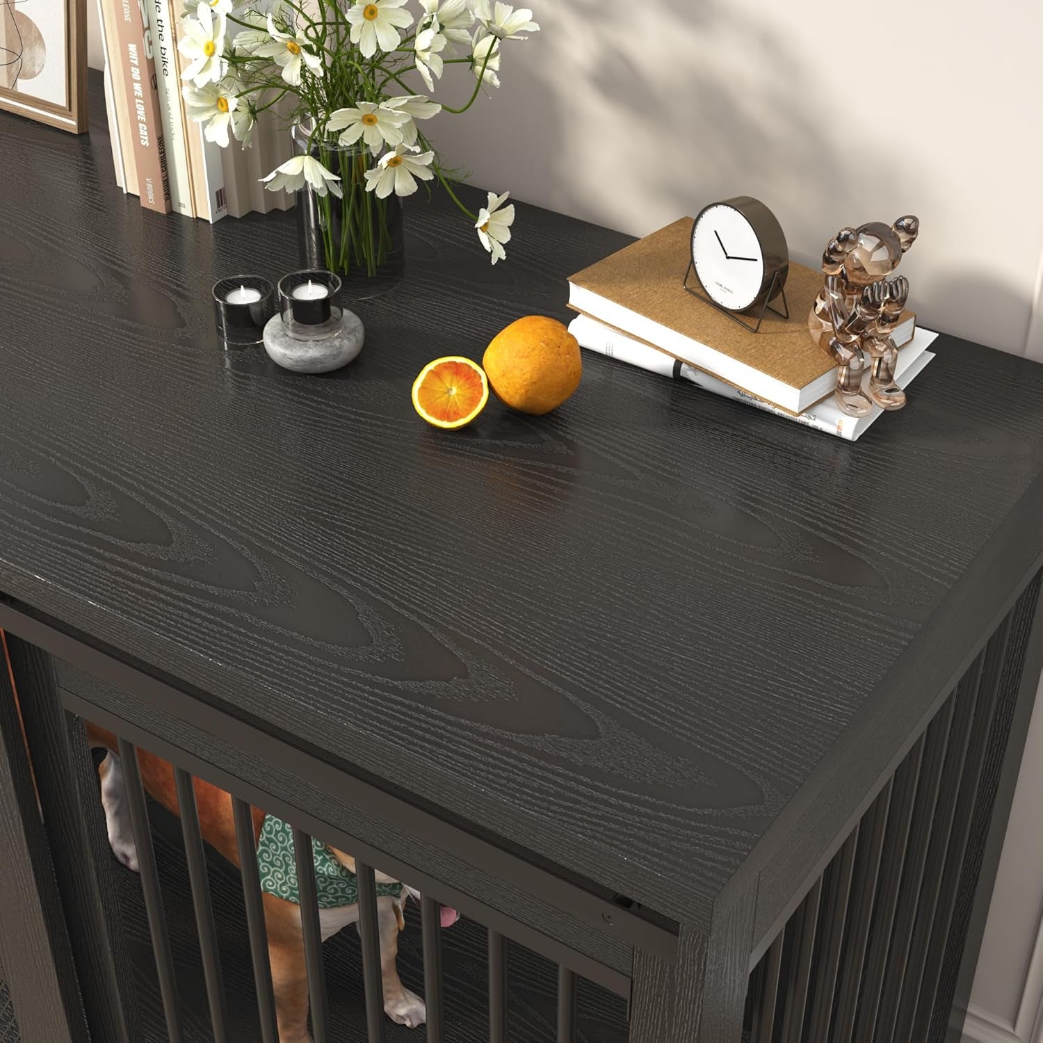 87In Farmhouse Dog Crate TV Stand, Wooden Dog Kennel Furniture with Sliding Metal Mesh Barn Door, Large Dog Crate Furniture for 2 Dogs, Solid Metal Tube & 2 Lockable Doors, White & Brown