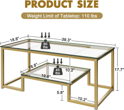 Coffee Table Gold Glass Coffee Table for Living Room,2 Tiers Rectangle Center Table with Sturdy Metal Frame,Modern Tempered Glass Accent Table for Bedroom Home Office