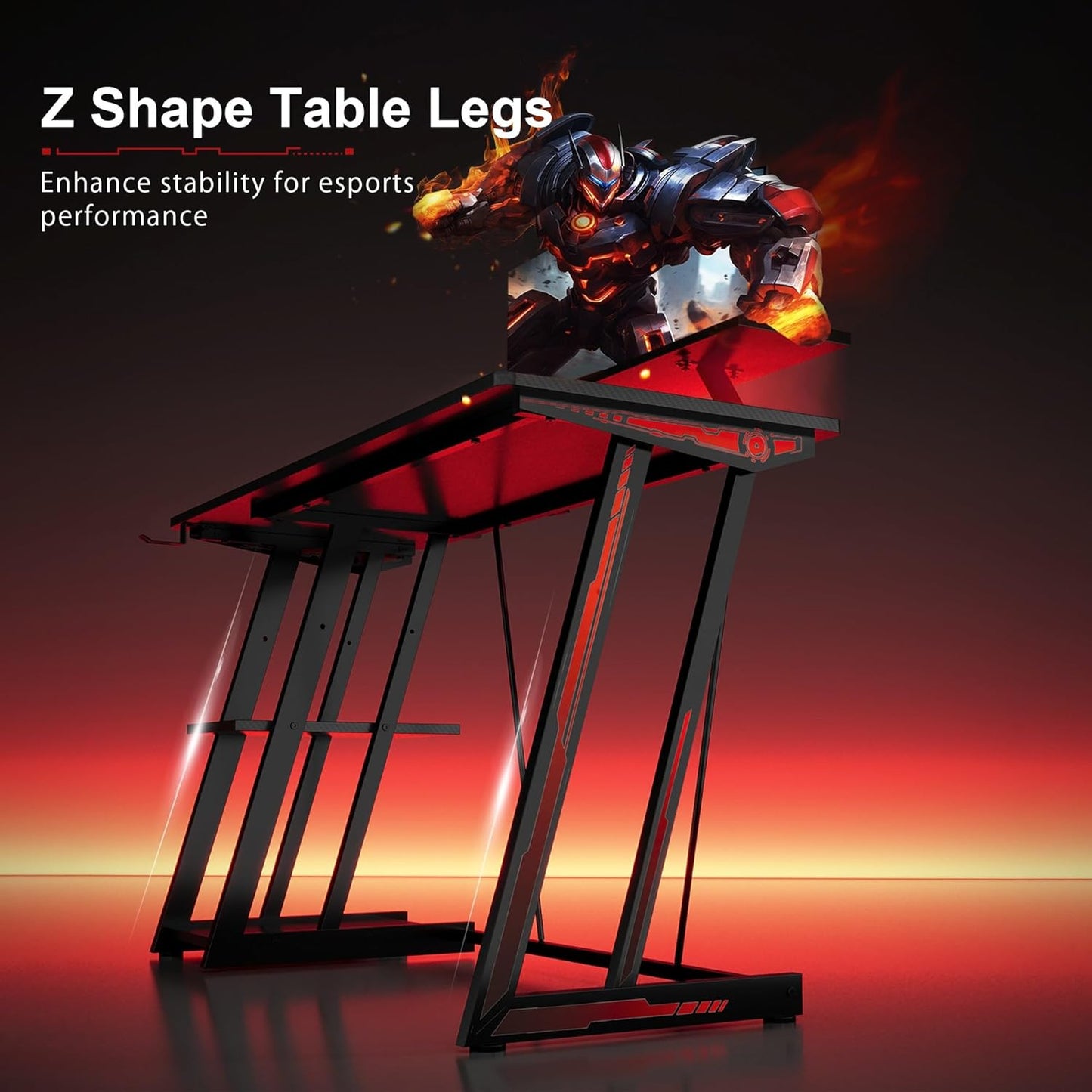 47-Inch Gaming Desk with LED Lights & Power Outlets|Carbon Fiber Gaming Table with Monitor Stand & Adjustable Storage Shelves|Rgb Ergonomic Gamer Desk, Esports & Streaming, Black