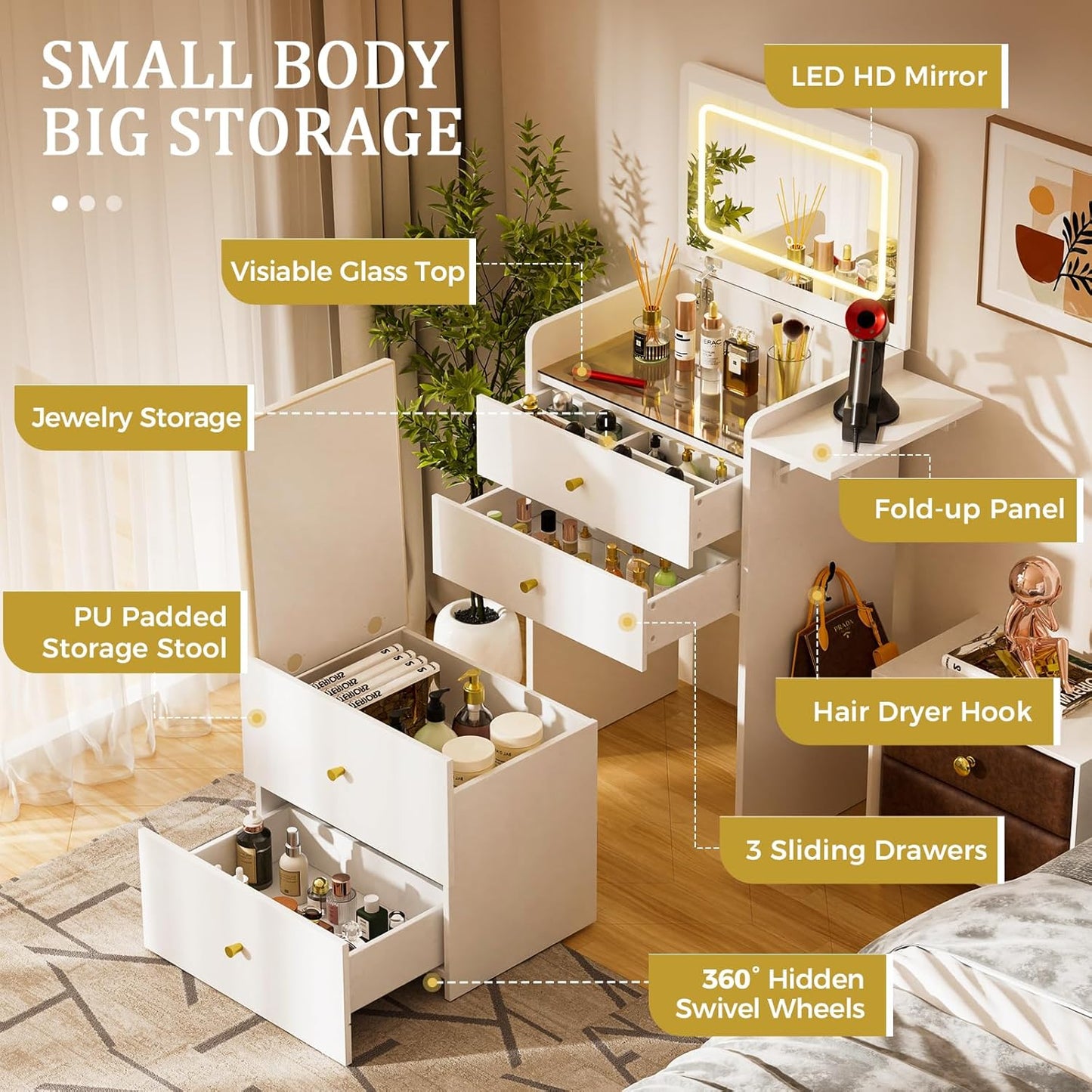 Makeup Vanity Desk with Mirror and Lights, Small 3 in 1 Vanity Table with Visible Glass Top, Flip Top & 3 Drawers, Compact Dresser with Storage Stool for Bedroom, Office or Nightstand