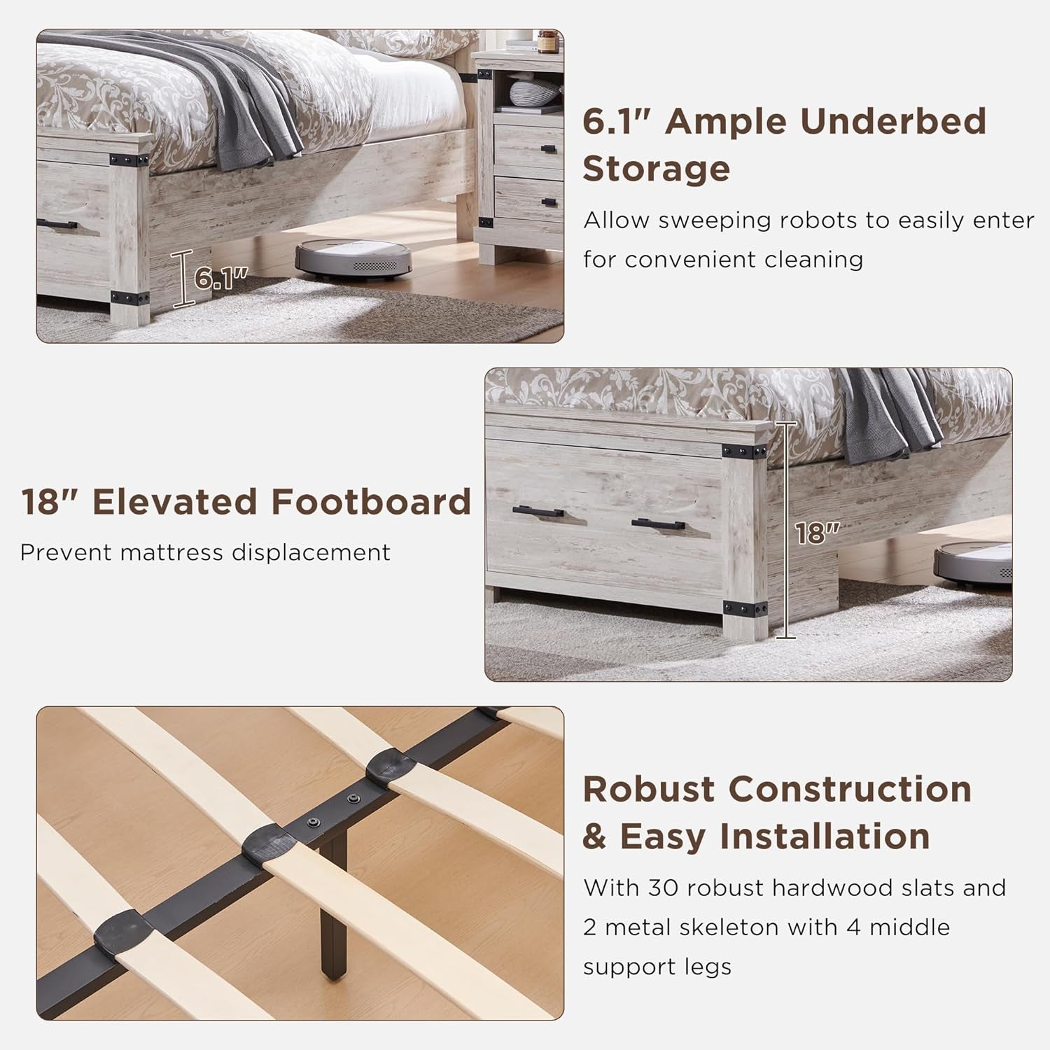 Farmhouse King Size Wood Bed Frame with 54" Tall Geometric Headboard, 2 Large Storage Drawers, Solid Wood Slats Support, Noise Free, No Box Spring Needed, Antique Brush White