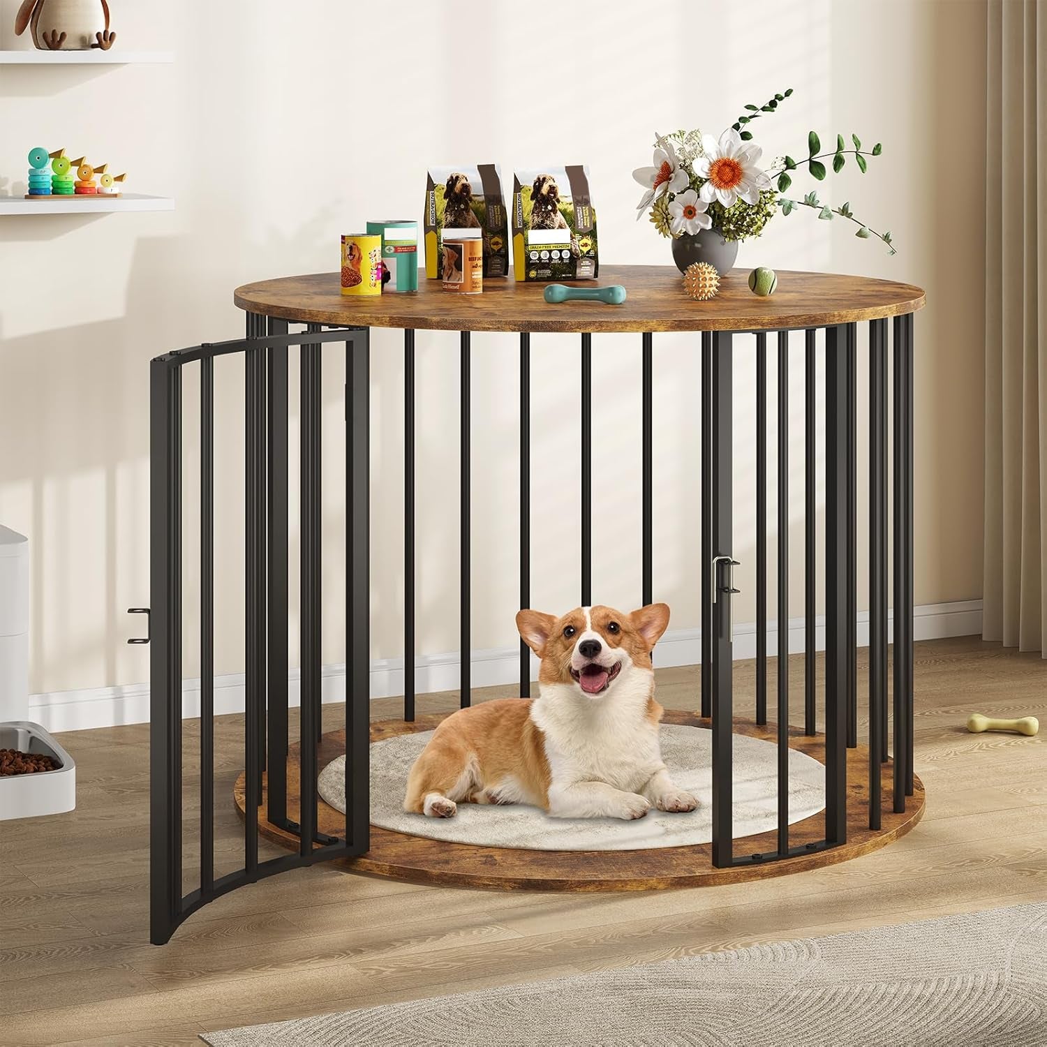 32 Inch Dog Crate Furniture for Large Medium Dogs, Wooden Dog Kennel Indoor Decorative Pet House Side End Table, round Dog Cage, White and Gold