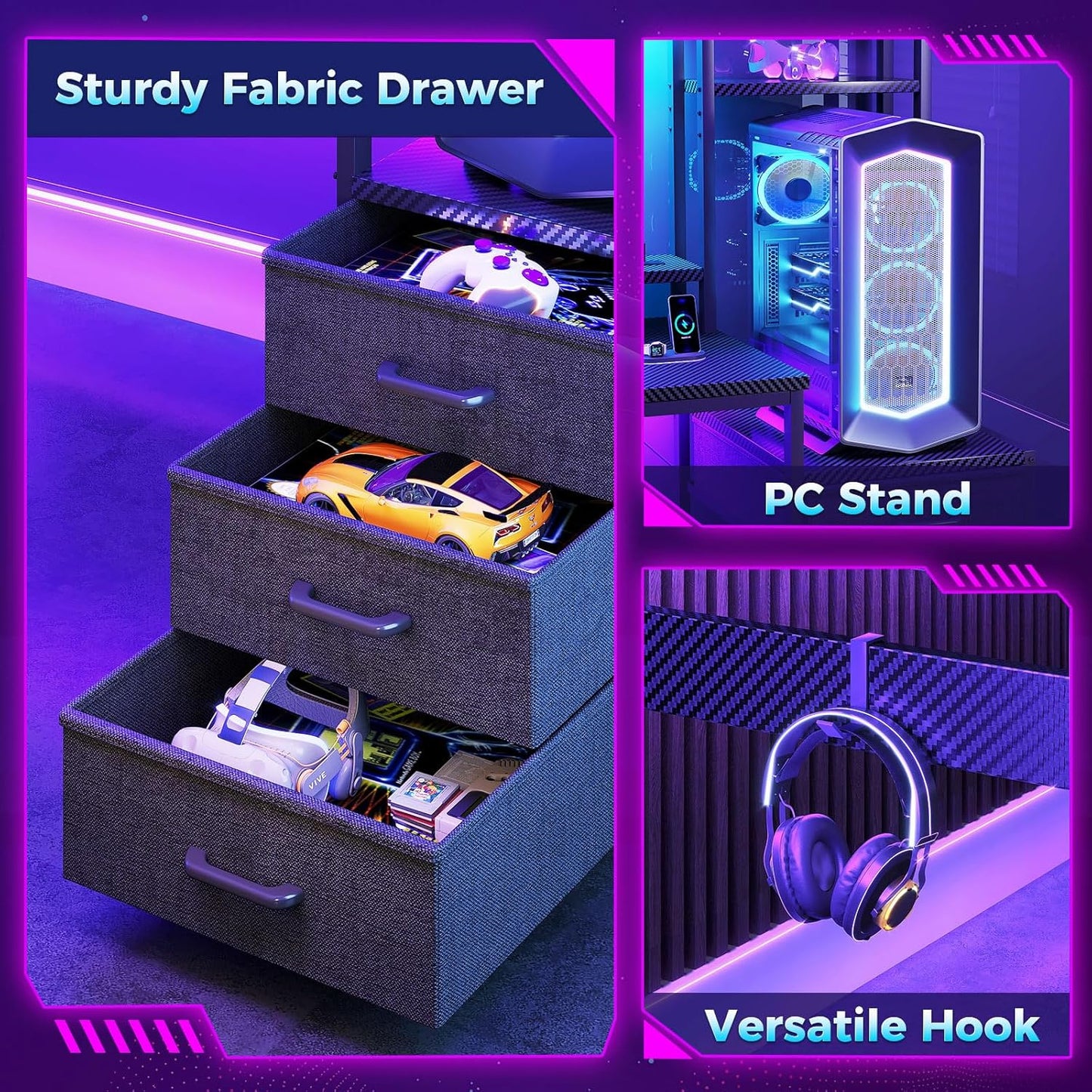 48 Inch Gaming Desk with Hutch & 3 Fabric Drawers, Computer Desk with USB Ports & LED Lights, Reversible Pc Gamer Table with Monitor Stand for Home Office, Carbon Fiber Black