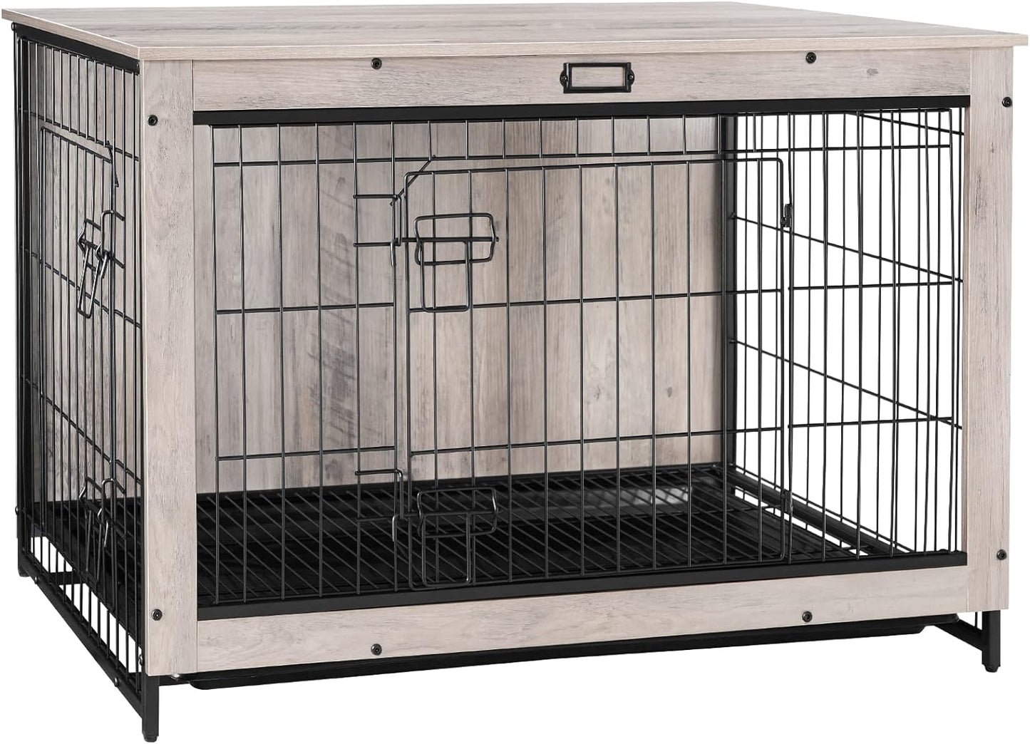 Dog Crate Furniture, 38.6" Large Dog Kennel Indoor, Wooden Cage with Pull-Out Tray, Double Doors Pet House Side End Table for Large/Medium/Small Dogs, Greige BG982GW03