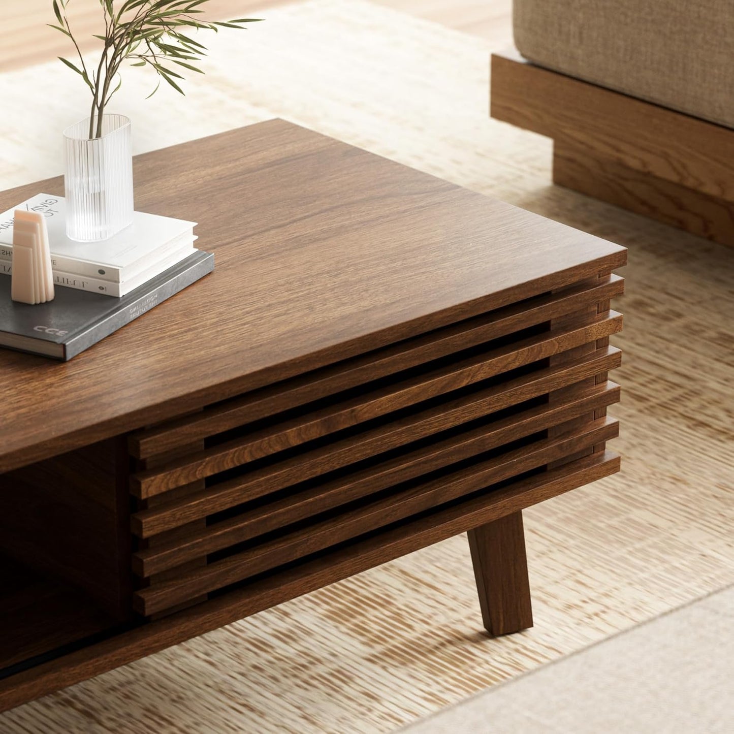 Living Room Table Sets of 2, Mid Century Coffee Table and TV Stand, Wood Coffee Table with Storage, Modern TV Stand for Bedroom, Living Room, Walnut