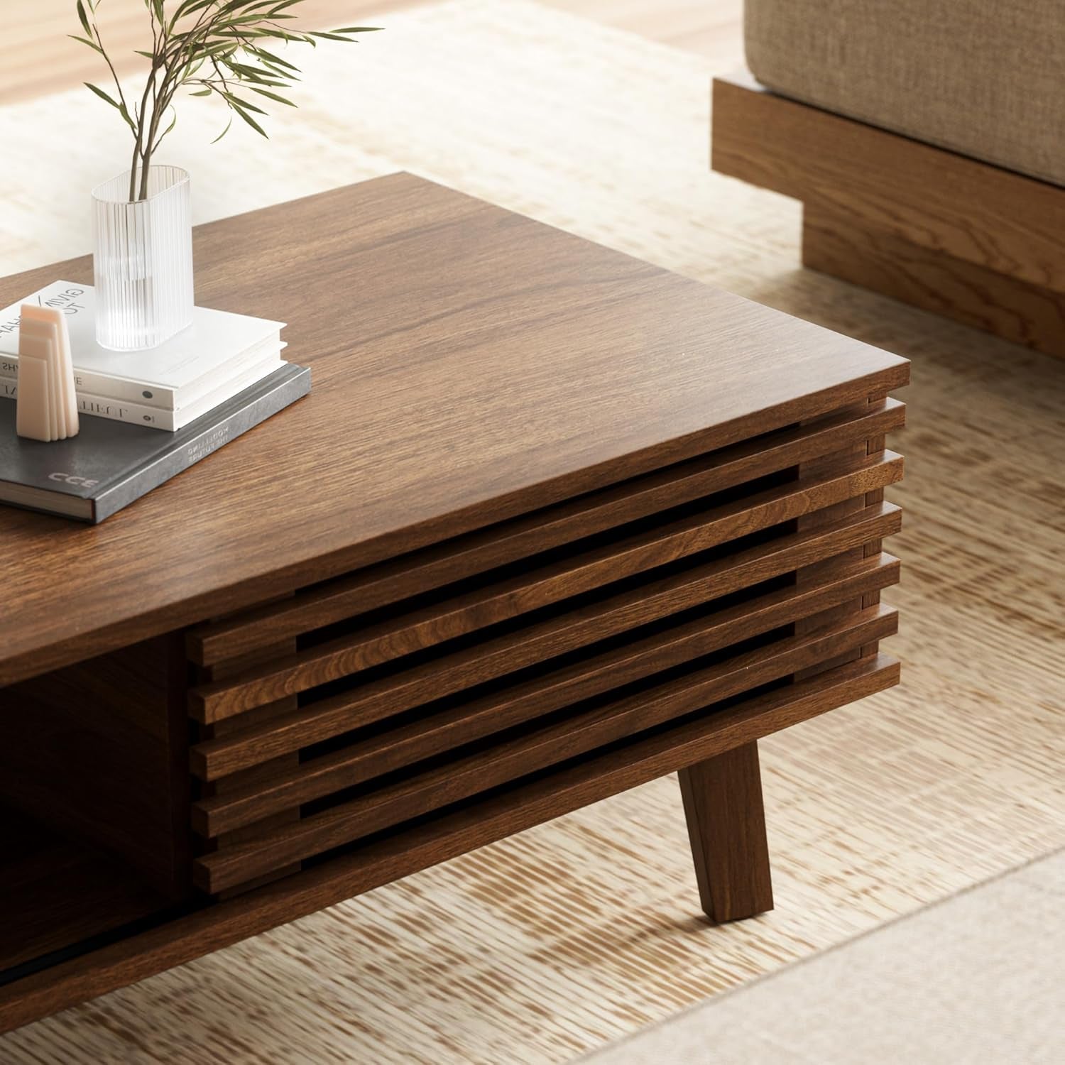 Living Room Table Sets of 2, Mid Century Coffee Table and TV Stand, Wood Coffee Table with Storage, Modern TV Stand for Bedroom, Living Room, Walnut