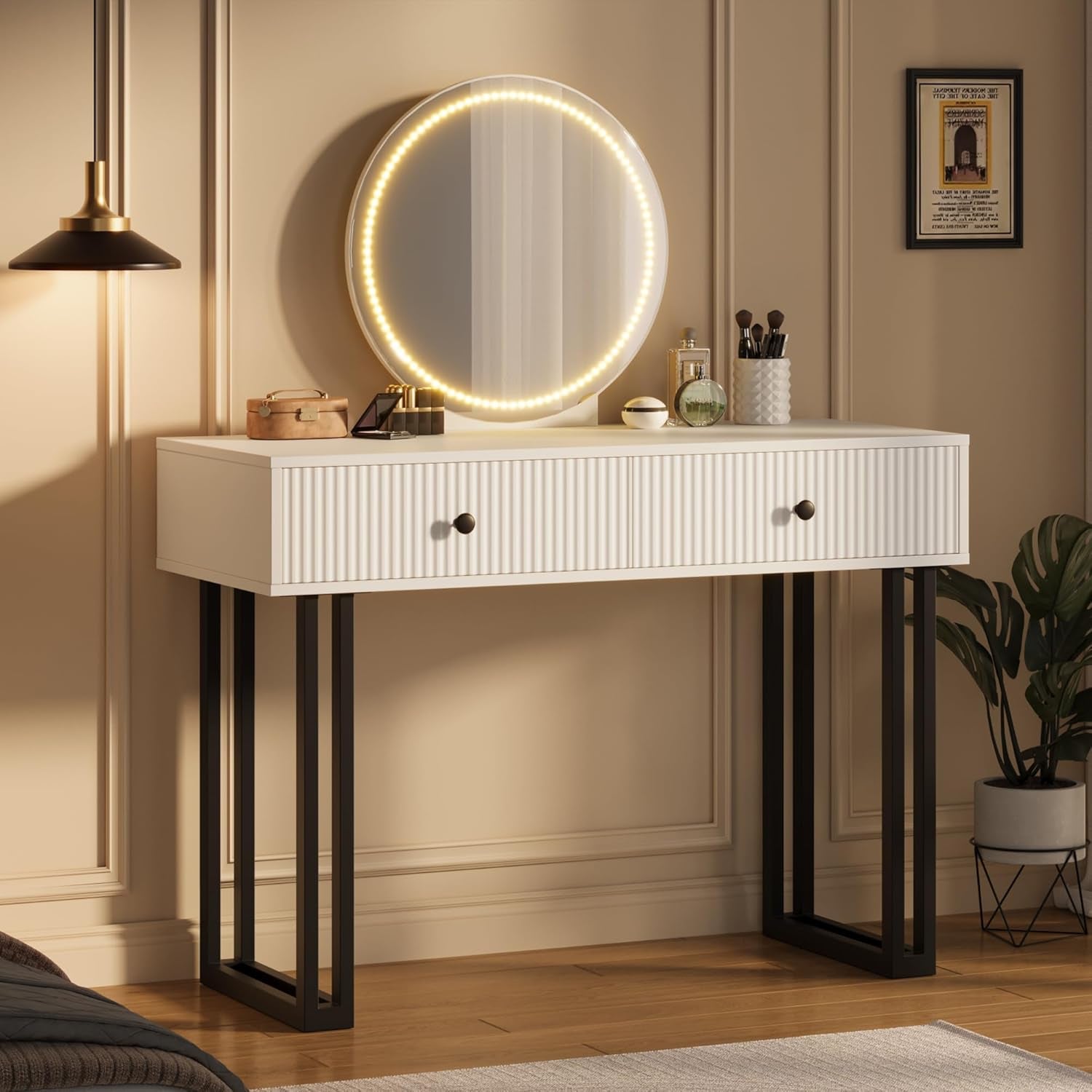 White Vanity Desk with Mirror and Lights, Small Makeup Vanity with 2 Drawers, Modern Vanity Organizer with 3 Color Lights＆Adjustable Brightness, Dressing Table for Bedroom