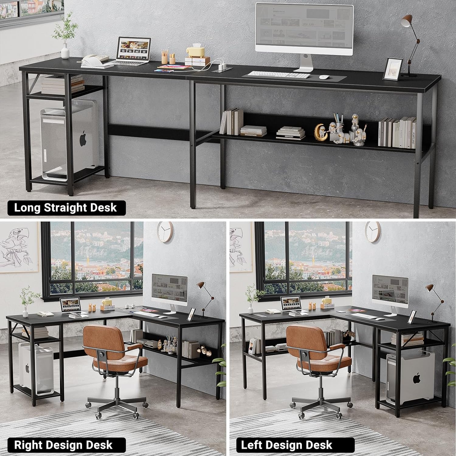 Reversible L Shaped Desk with Magic Power Outlets and USB Charging Ports, Sturdy Corner Computer Desk with Storage Shelves, Gaming Table Home Office Desk, Easy to Assemble, Black