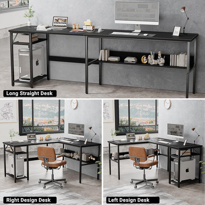 Reversible L Shaped Desk with Magic Power Outlets and USB Charging Ports, Sturdy Corner Computer Desk with Storage Shelves, Gaming Table Home Office Desk, Easy to Assemble, Black