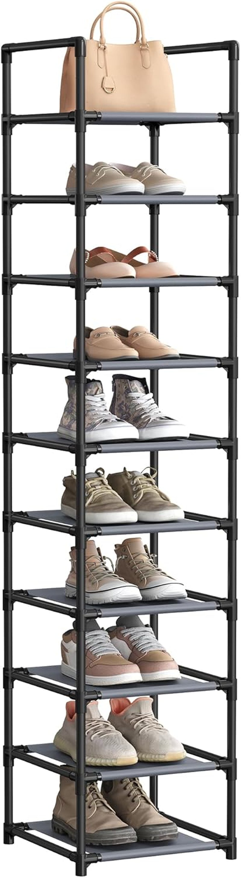 Shoe Rack, 10 Tier Shoe Shelf, Shoe Storage Organizer, Space-Saving, 11 X 17.7 X 68.1 Inches, Metal Frame, Non-Woven Fabric Shelves, for Entryway, Bedroom, Black ULSH010B02