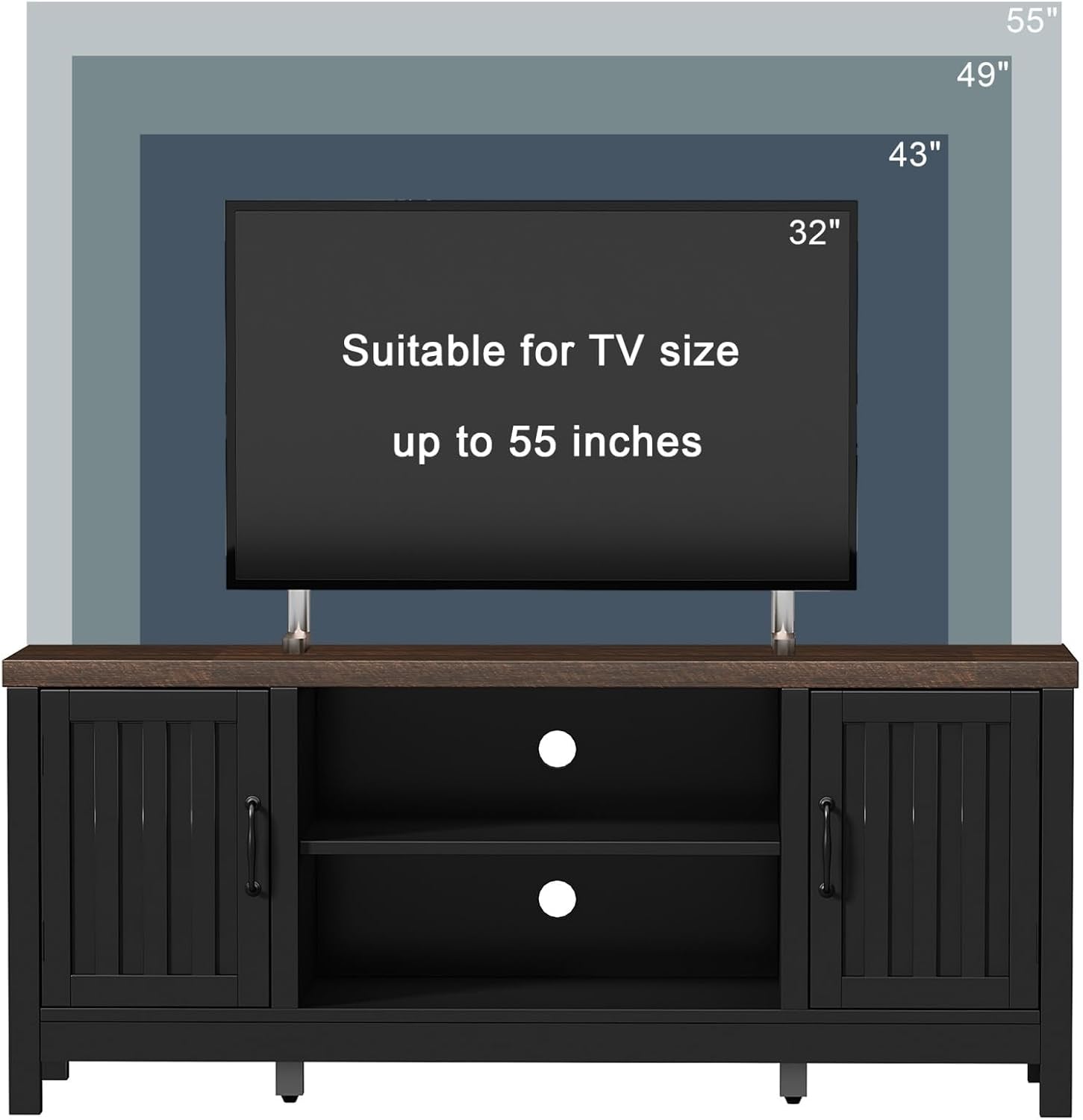 Farmhouse TV Stand for Televisions up to 55 Inches, Entertainment Center Console Table Media Furniture with Storage Cabinets and Open Shelves, Fluted Door, for Living Room Bedroom, Black