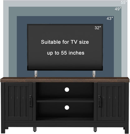 Farmhouse TV Stand for Televisions up to 55 Inches, Entertainment Center Console Table Media Furniture with Storage Cabinets and Open Shelves, Fluted Door, for Living Room Bedroom, Black