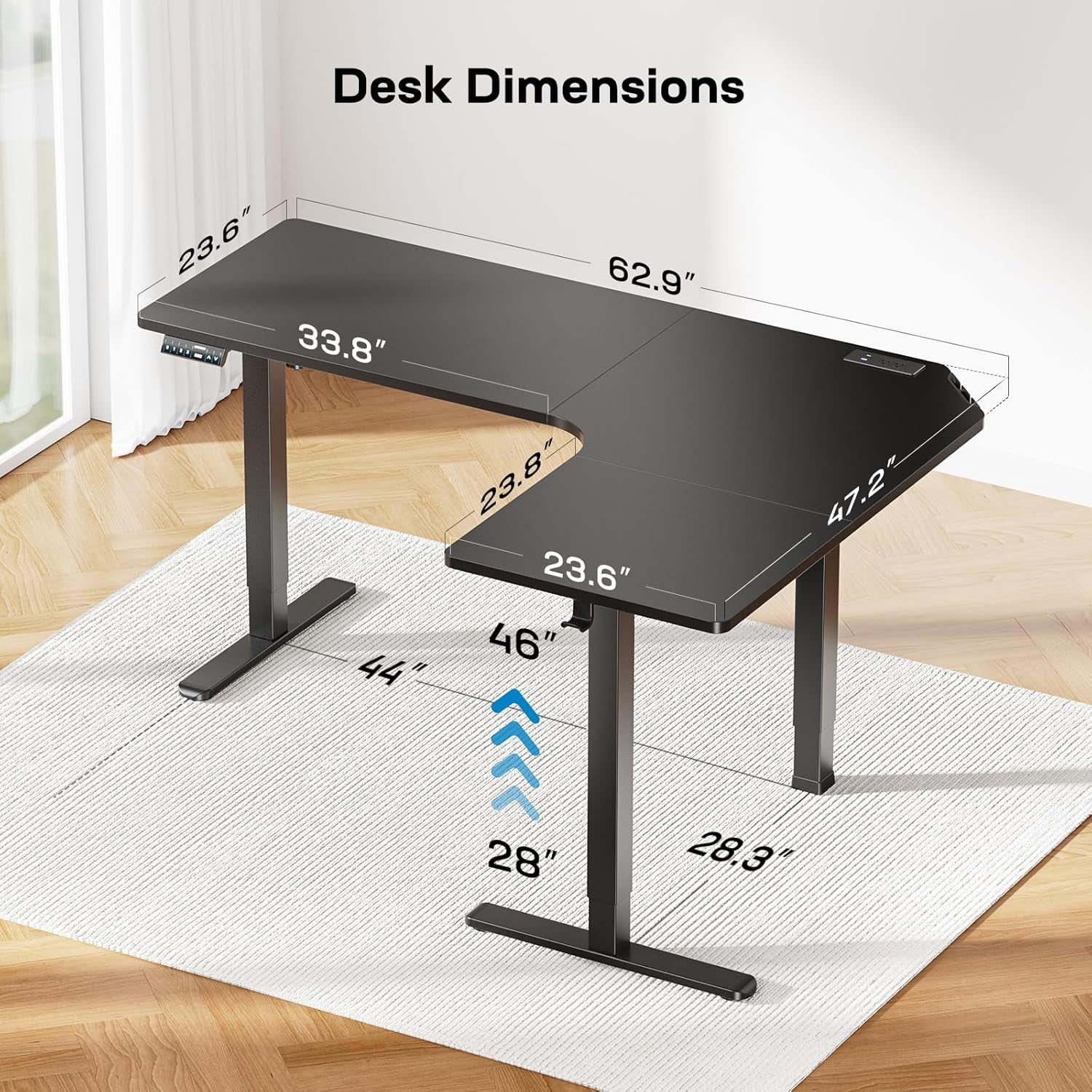 63″ Dual Motor L-Shaped Standing Desk, Built-In Power Outlets, Electric Height Adjustable Corner Computer Desk, Large Power Strip Holder, Sit Stand up Desk with 3 Preset Heights, Black