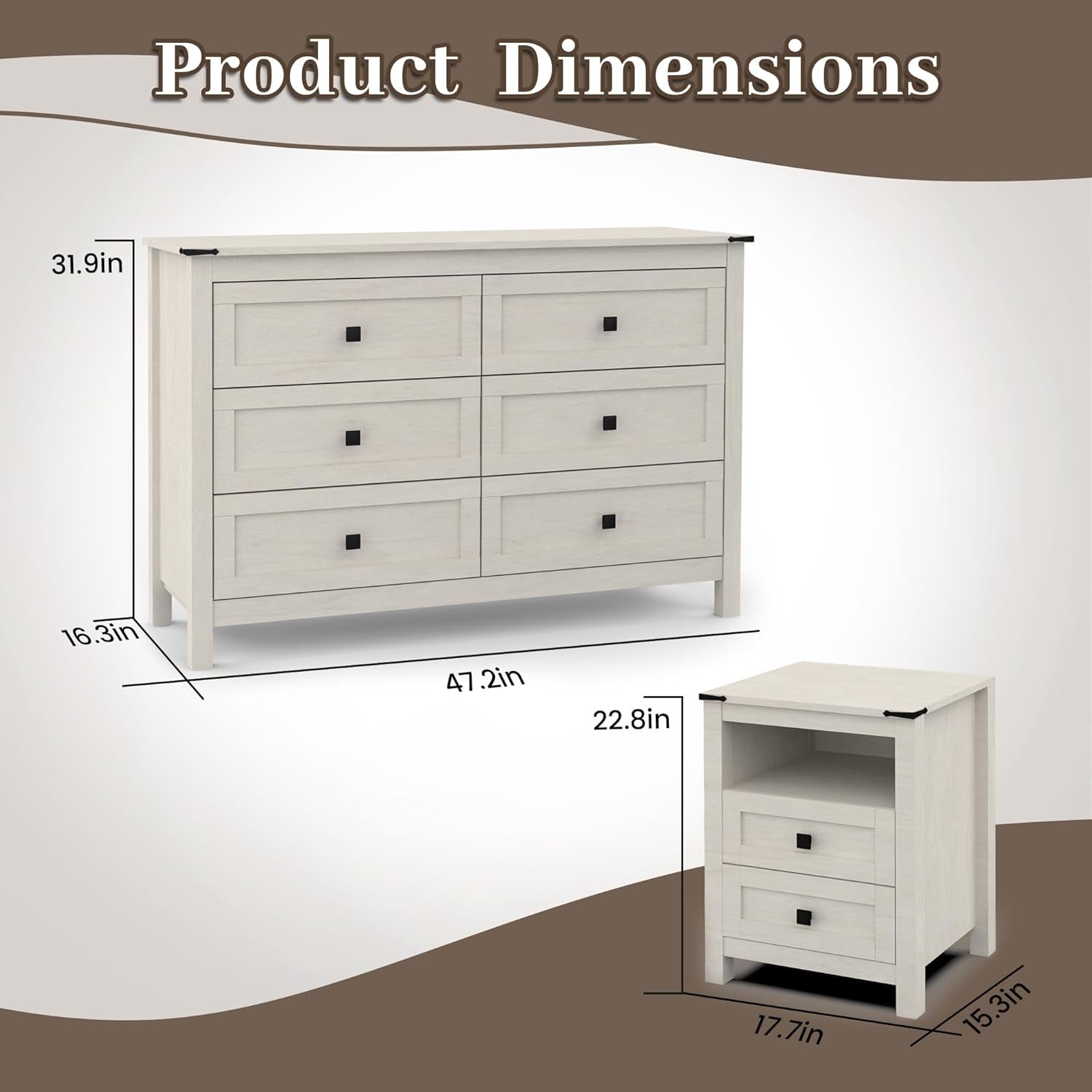 Farmhouse Bedroom Set, 3 Pieces Bedroom Furniture Set, Rustic Wood 6 Drawer Dresser and Nightstands, Chest of Drawers Wide Storage Organizer Cabinet for Bedroom