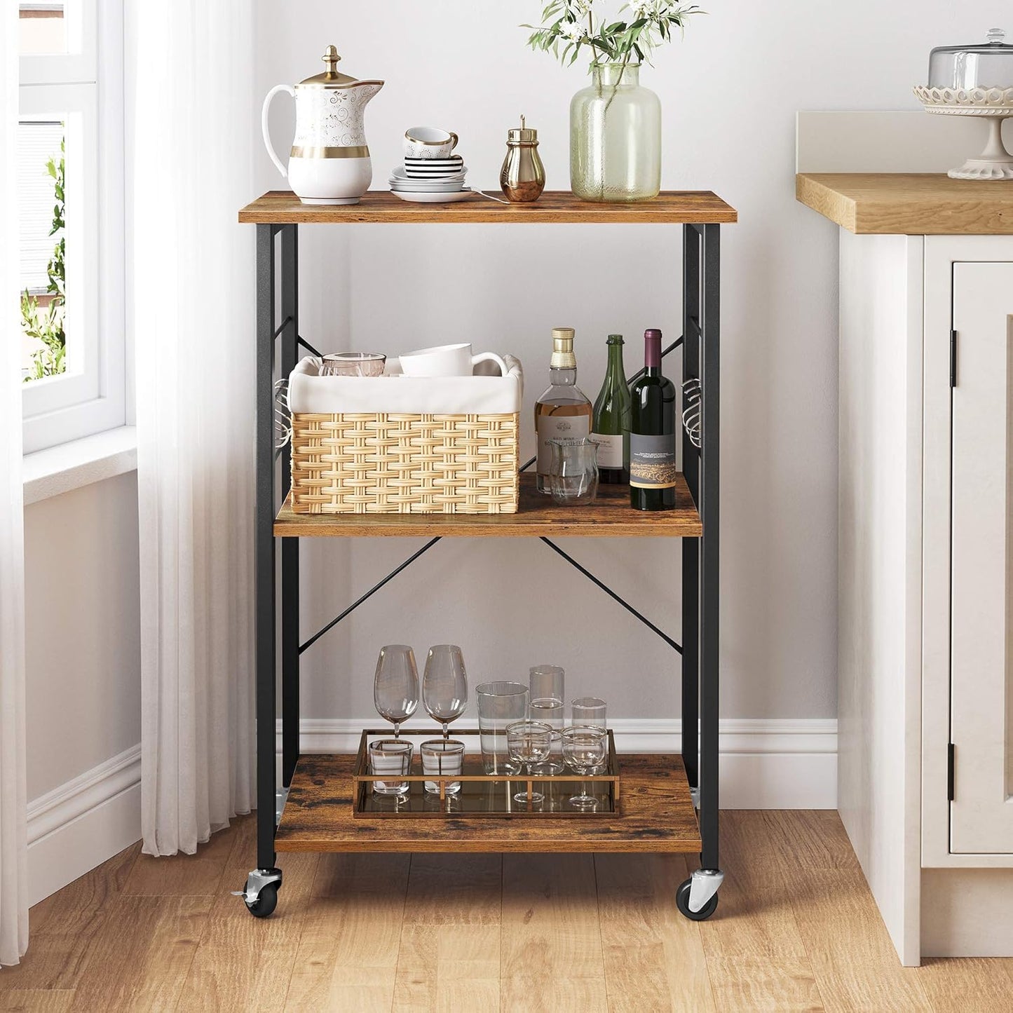 BRYCE Serving Cart, 3-Tier Kitchen Utility Cart on Wheels with Storage, for Living Room, Accent Furniture with Steel Frame, Industrial, Rustic Brown and Black ULRC78X