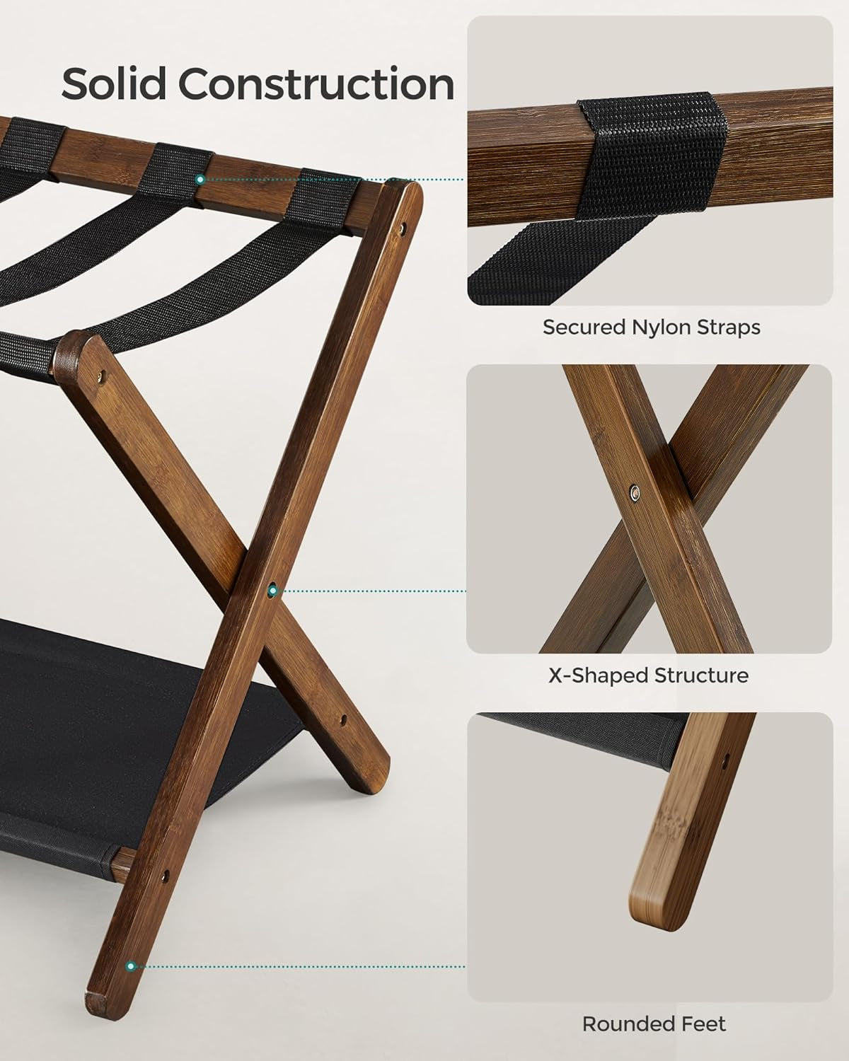 Luggage Rack, Folding Suitcase Stand with Storage Shelf, for Guest Room, Hotel, Bedroom, Heavy-Duty, Holds up to 131 Lb, Walnut Brown URLR007D01