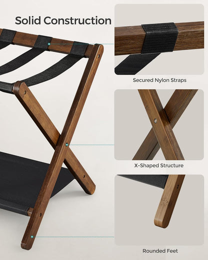 Luggage Rack, Folding Suitcase Stand with Storage Shelf, for Guest Room, Hotel, Bedroom, Heavy-Duty, Holds up to 131 Lb, Walnut Brown URLR007D01