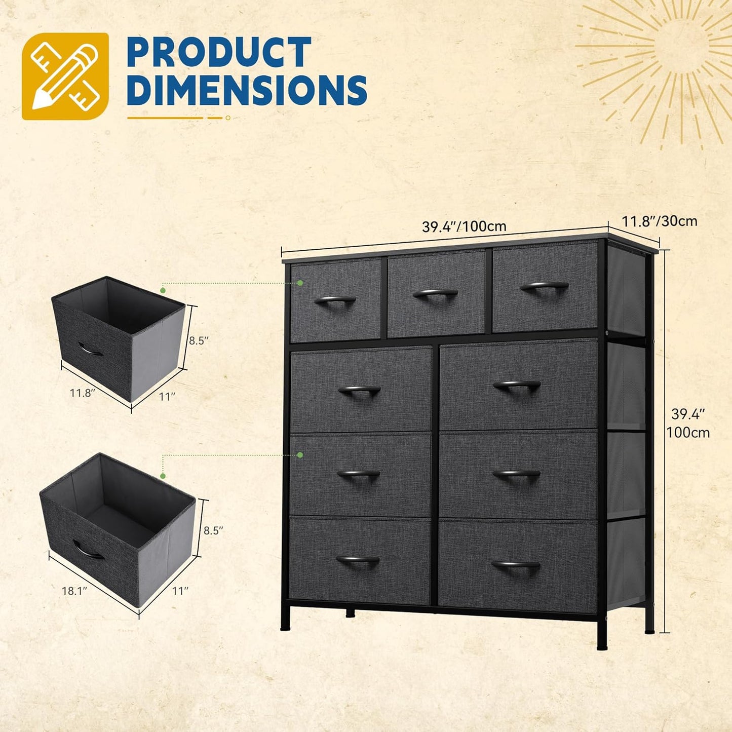 9 Drawers Dresser for Bedroom, Fabric Storage Tower for Living Room, Entryway - Sturdy Steel Frame, Wooden Top & Easy Pull Fabric Bins