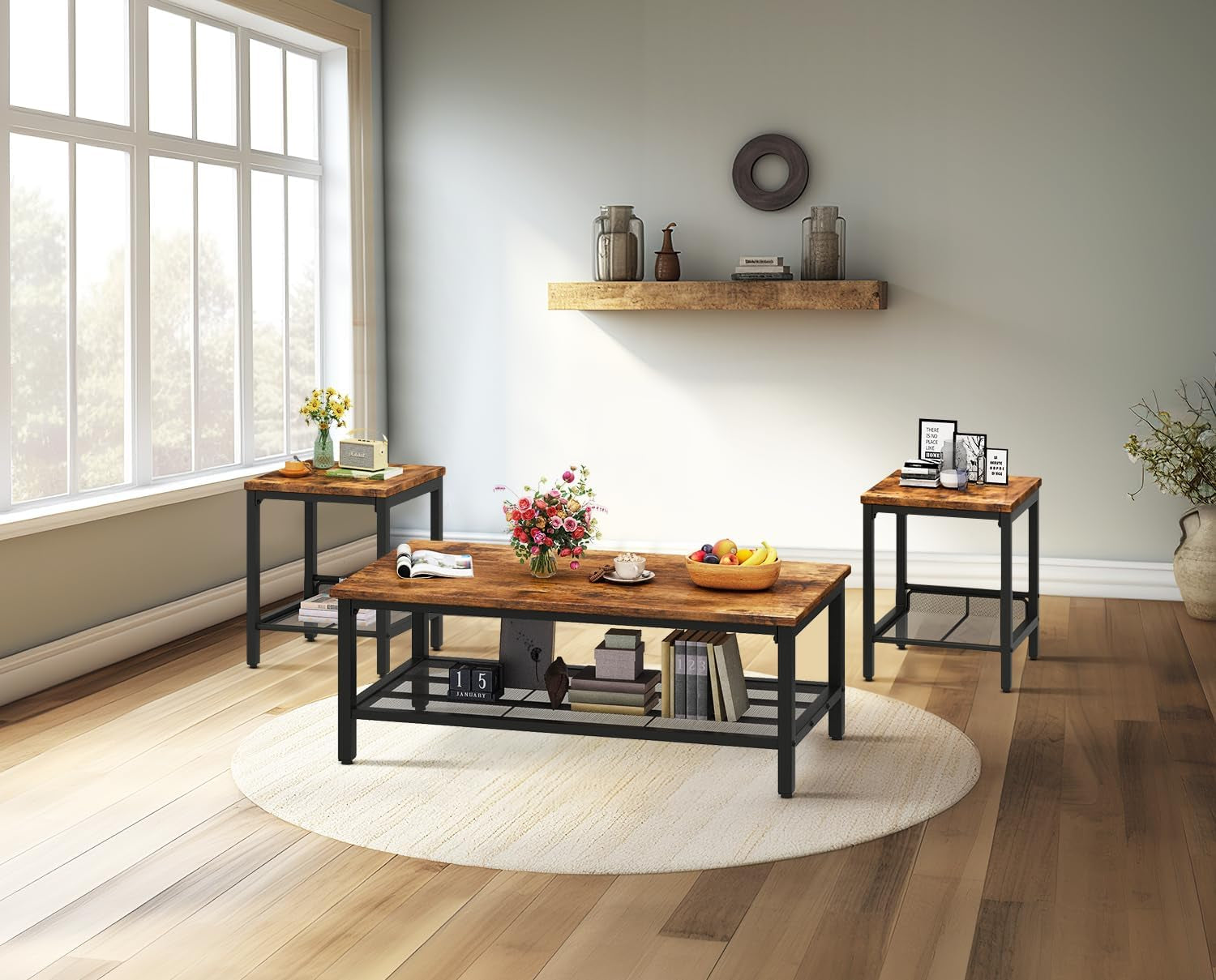 Coffee Table Set of 3, Vintage Wood Coffee Table & 2 End Tables, Square Tabletop Modern Industrial Living Room 3-Piece Set for Apartment Home Office, Rustic Brown