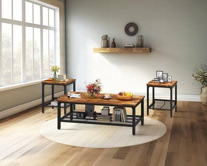 Coffee Table Set of 3, Vintage Wood Coffee Table & 2 End Tables, Square Tabletop Modern Industrial Living Room 3-Piece Set for Apartment Home Office, Rustic Brown
