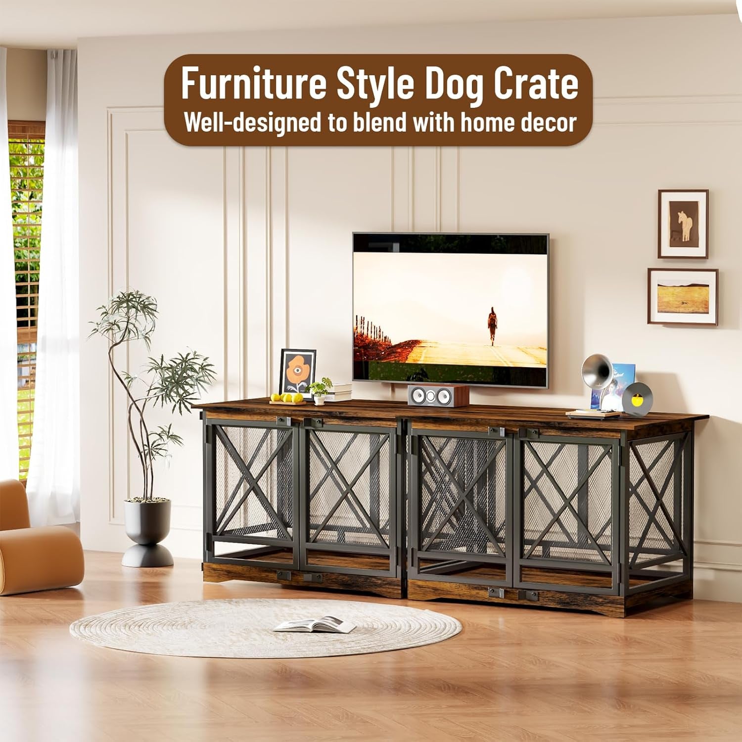 Large Dog Crate Furniture - 48 Inch Heavy Duty Dog Kennel Indoor for Xlarge Breed with Double Doors, Wooden Dog Cage XL Modern Decorative End Table Pet House (Brown)