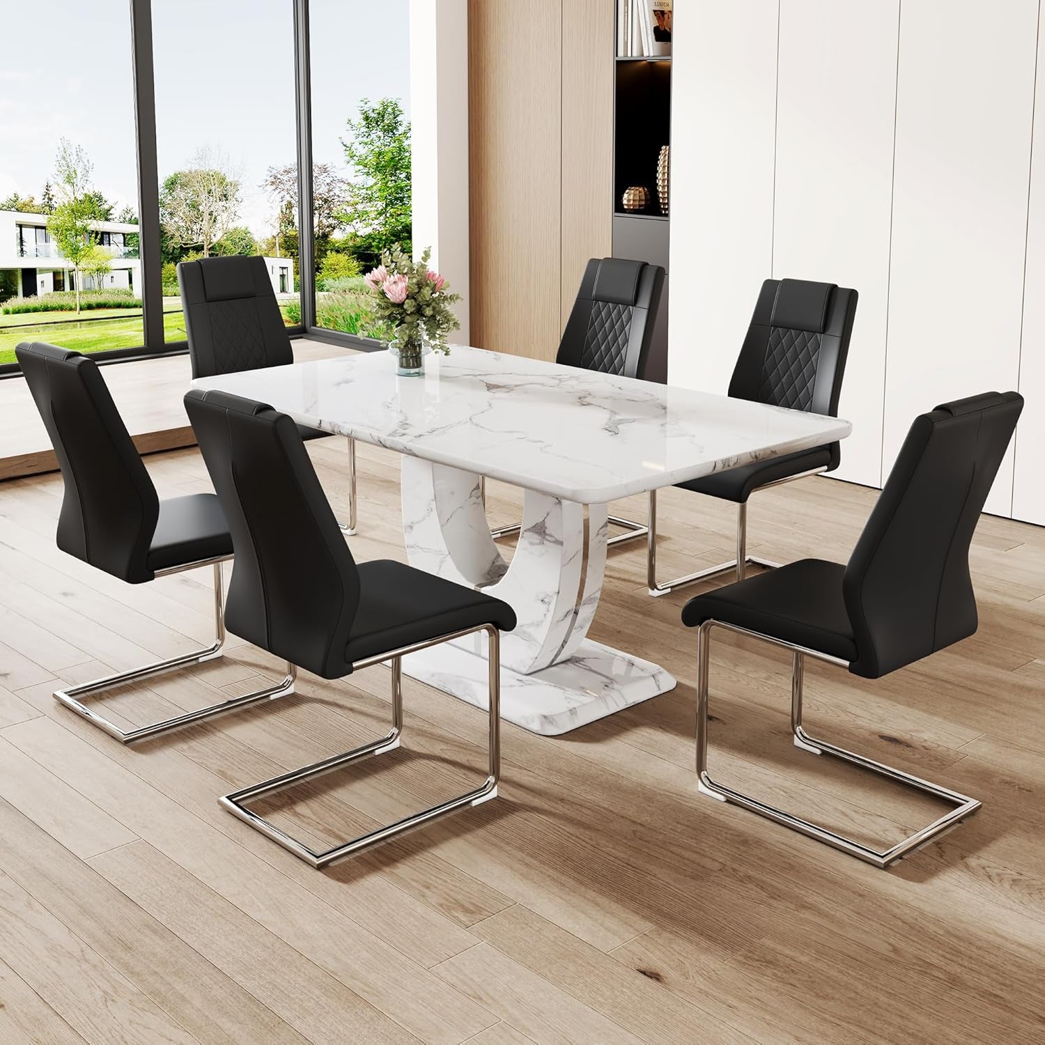 Dining Table Set for 6, Kitchen Table Chairs Set of 6, Modern Dining Room Set with 63'' Marble Dinner Table PU Leather Upholstered Chairs for Kitchen (Black-C, White Table with 6 Chairs)