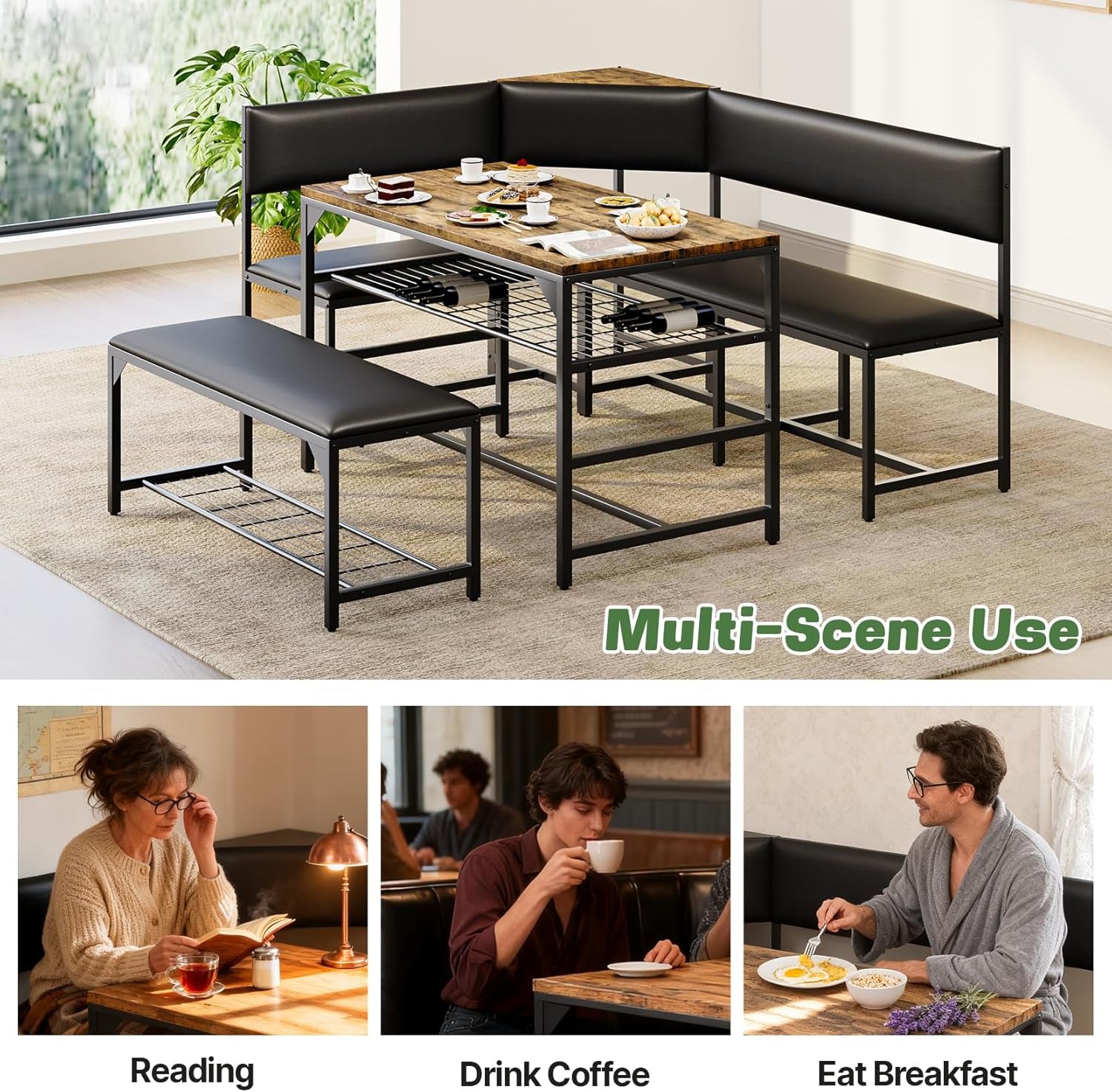 Kitchen Breakfast Nook Table Set with Soft Seat, Corner Dining Table Set for 4-6 People, Dining Room Sets for 4, Space Saving Kitchen Booth Seating with Table for Small Space, Coffee Brown