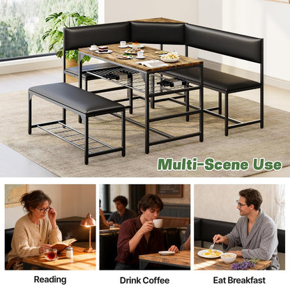 Kitchen Breakfast Nook Table Set with Soft Seat, Corner Dining Table Set for 4-6 People, Dining Room Sets for 4, Space Saving Kitchen Booth Seating with Table for Small Space, Coffee Brown