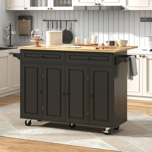 55" W Rolling Kitchen Island with Drop Leaf – Movable Kitchen Carts on Wheels Island with Storage Cabinet, Island Table for Kitchen with Rubber Wood Top and Rack and Drawer, Matte, Black